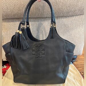 Tory Burch Black Leather Tote Bag with Tassels